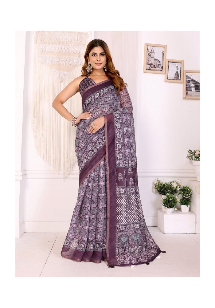 Malishka Export Wine Chanderi Digital Print Saree for Women - Image 1